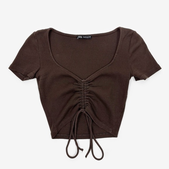 Zara Tops - Zara Ruched Front Crop Top Size S Brown Cotton Blend Ribbed Soft Grunge Y2K Edgy
